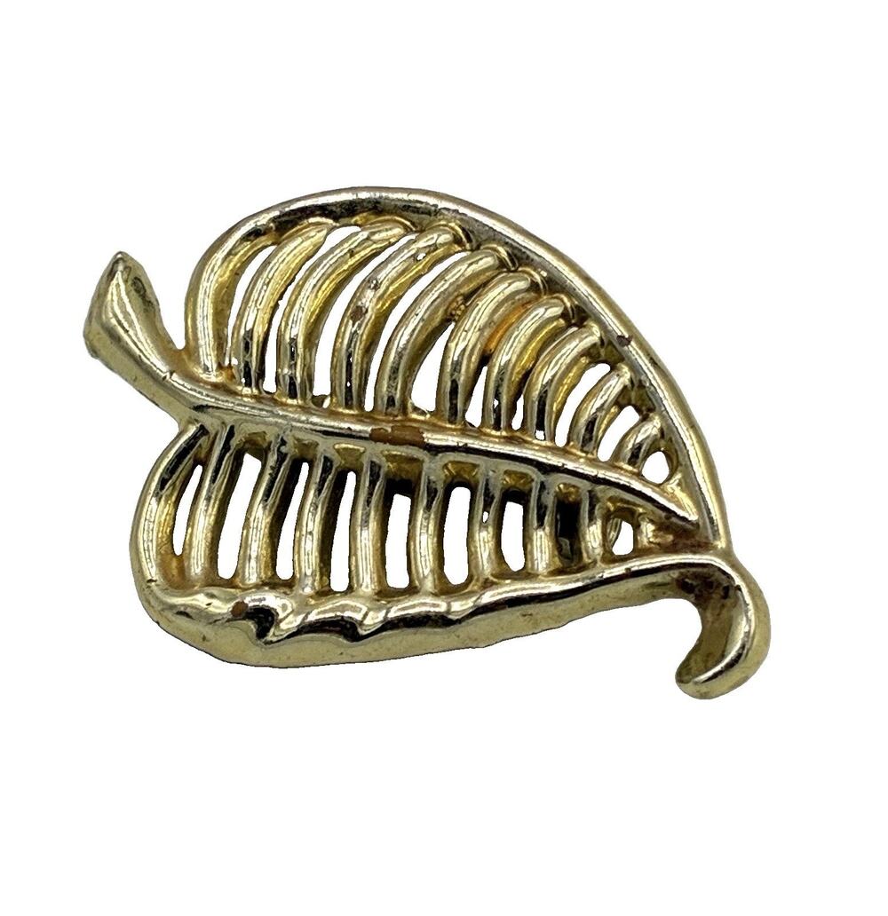 Vintage Gold Tone Openwork Leaf Brooch Pin Signed Curled Tip
